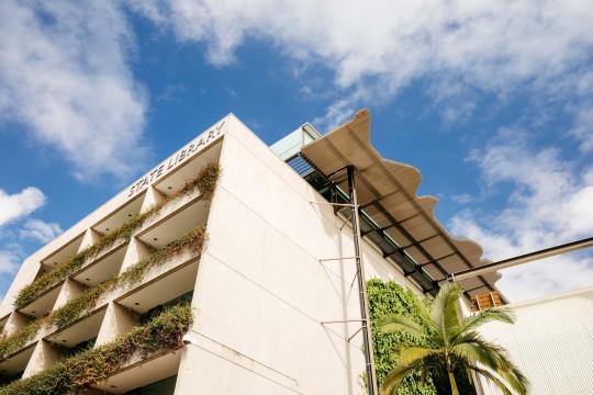 Exterior of State Library building. 