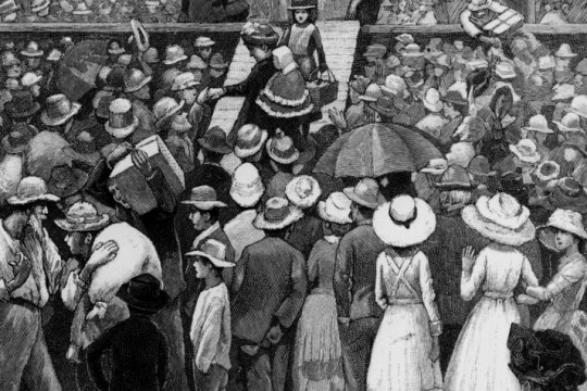 Drawing of women disembarking from a ship circa 1885
