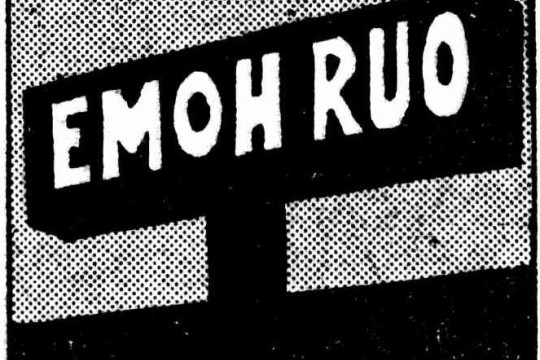 Cartoon of sign saying EMOH RUO