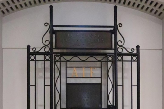 AIF wrought iron Engineers Signals Tunnellers and Railway Units Memorial Gate where it currently stands in the WWI Gallery at Anzac Square Memorial Galleries