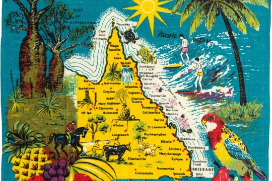 Queensland Tea Towel - map tropical plants and fish
