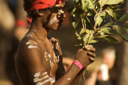 Young man in costume holding small tree branches and leaves at the Laura Aboriginal Dance Festival, 2009.