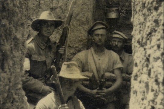 Four Australian soldiers in the trenches at Gallipoli, 1915