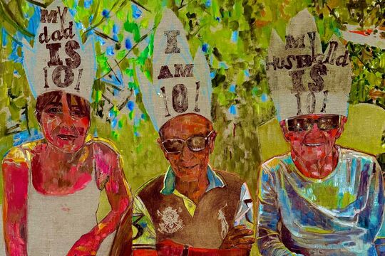Oil on canvas painting of 3 people celebrating a 101st birthday. Each person wears a party hat.