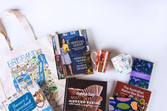 Flat lay of the library shop products