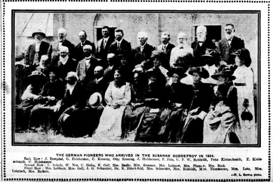 Newspaper photograph with caption of a group of male and female German pioneers who arrived in 1864 published Brisbane Courier 31 January 1914