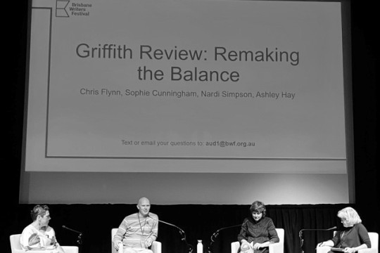 A black and white image of the Griffith Review Remaking the Balance panel at Brisbane Writers Festival in 2021 