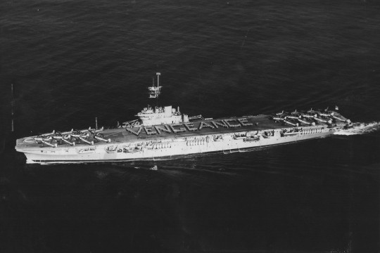 An aerial photograph of the HMAS Vengeance