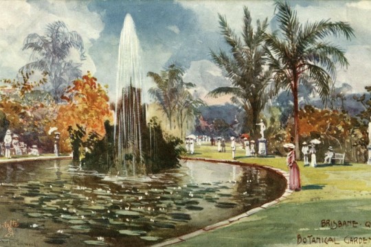 Colourful drawing of a water fountain in a park