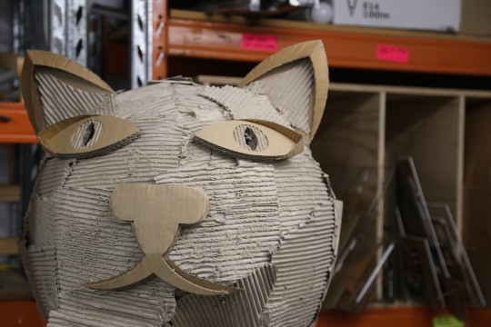 Giant cardboard cat sculpture from earlier iterations of the Great and Grand Rumpus
