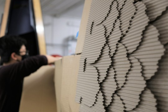 Image of cardboard scales as part of a giant shark structure