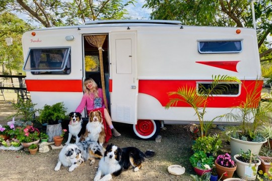 Author Holly Ringland sitting in the doorway of her red and white caravan Four dogs are sitting in front of her and there are many potted plants to either side of the caravan