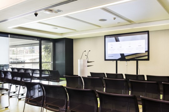 The Innovation Lab with podium and large screen