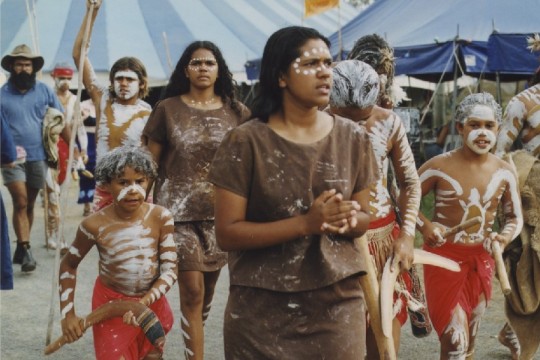 Jagera Jarjum dancers walk onto the stage at the Woodford Folk Festival Queensland 1997