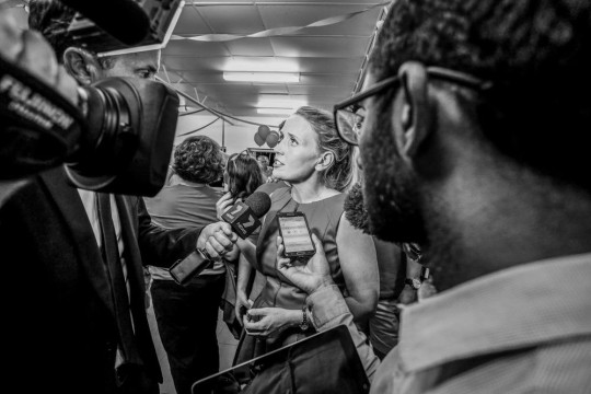 Journalists interview Kate Jones on election night in Ashgrove Brisbane 2015