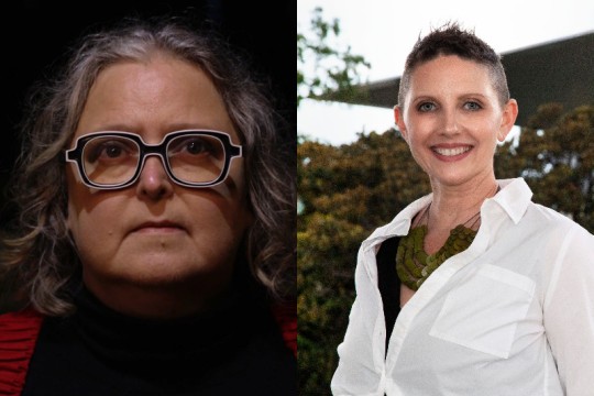 Composite photo of Krissy Kneen wearing black-rimmed glasses and Amanda Niehaus in a white shirt