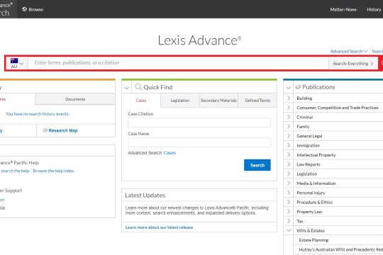 Image of Lexis Advance database home page