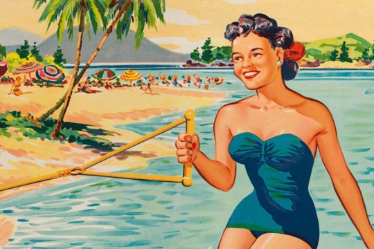 Drawing of a woman in a blue bathing suit waterskiing at Lindeman Is. Great Barrier Reef, ca. 1940