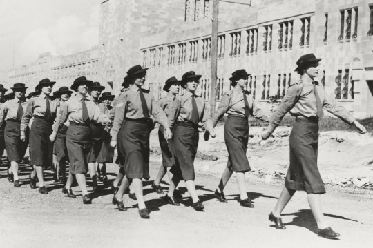 Members of AWAS march in formation in front of the Duhig Building University of Queensland St Lucia Campus Brisbane