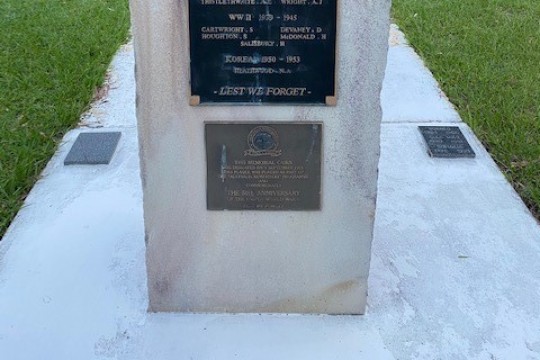 Outdoor stone memorial showing plaque listing Samford District Roll of Honour 