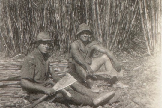 Two men sitting on ground in front of sugar cane field. They are holding cane cutting tools.