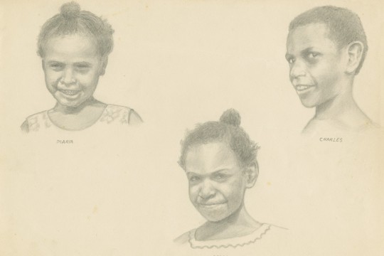 Pencil drawing portraits of the heads and shoulders of three First Nations children