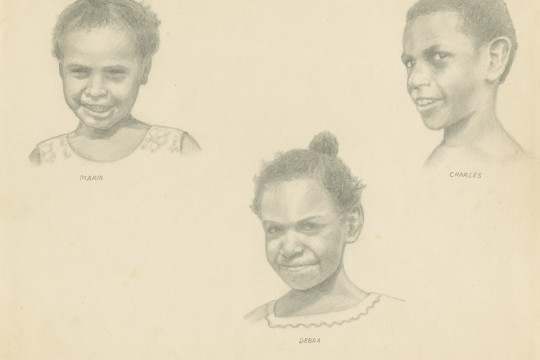 Pencil drawings of the heads and shoulders of three children