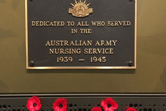 Memorial plaque dedicated to the Australian Army Nursing Service with poppies added below