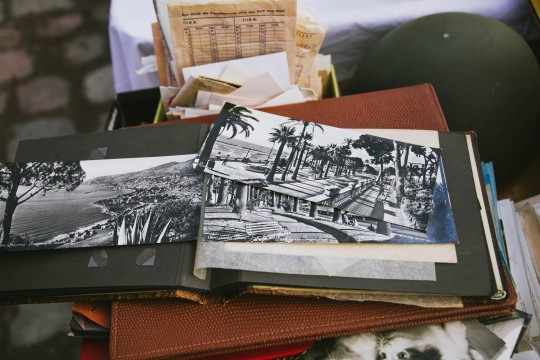 Old photographs in wooden box 