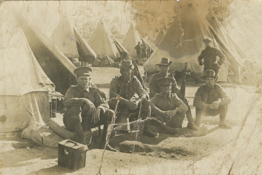 Private Alfred Powell seated far right with other soldiers from the 26th Australian Infantry Battalion at the Enoggera training camp Brisbane 1915