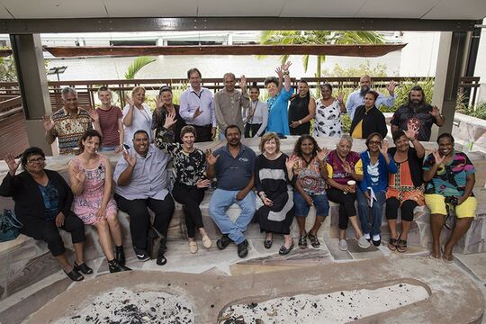 Vicki McDonald, State Librarian and CEO with Indigenous Language researchers waving in the Talking Circle