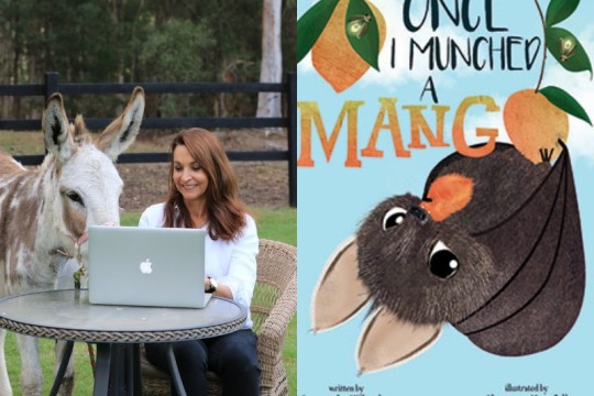 Composite image of Samantha Wheeler typing at her laptop with her donkey plus the cover of Once I Munched a Mango