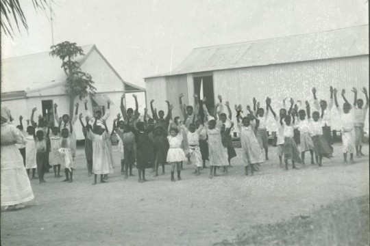 School children exercising on Mabuiag Island, Queensland