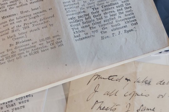 Queensland Premier TJ Ryans speech recorded in Hansard no37 and handwritten letter addressed to Captain JJStable by Prime Minister Billy Highes Photo by State Library
