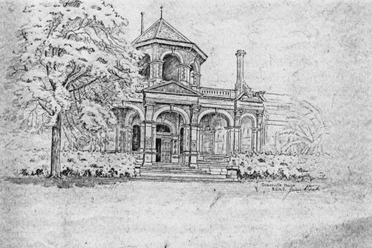 Black lined sketch of Sommerville House 