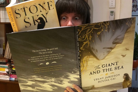A woman holding two books open in front of her face She looks surprised and only her eyes and nose are visible