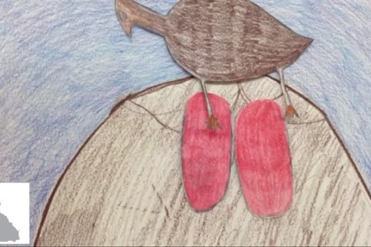 A screenshot taken from a video of drawn animation, picturing an Australian Scrub Turkey on top of a nest