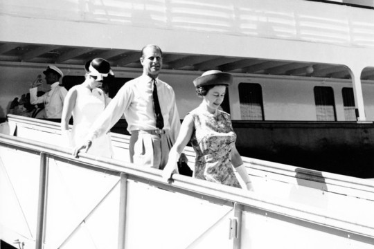 HRH Queen Elizabeth II HRH Prince Philip and HRH Princess Anne disembark from the Britannia Townsville Harbour