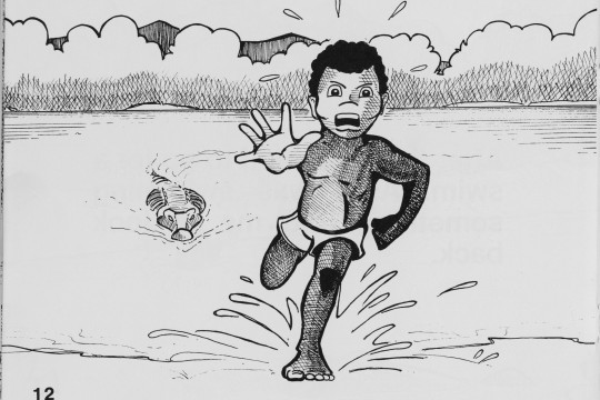 Boy being chased by a crocodile from the childrens book The crocodile by Gregory Omeenyo