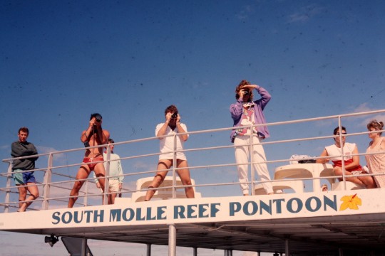 Three photographers on the South Molle Reef pontoon, Whitsundays Region