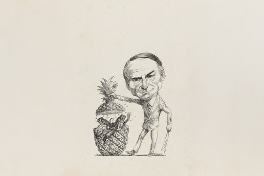 A black and white cartoon depicting Tony Fitzgerald holding the head of a pineapple in one hand, and a saber in the other. The cartoon reveals that inside the pineapple, are swathes of cane toads and snakes. The image is a metaphor for Tony Fitzgerald uncovering Queensland's corruption.