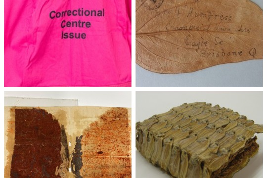 4 images including a pink prison outfit a letter on a gum leaf a piece of world war one plane and a book made out of fish 