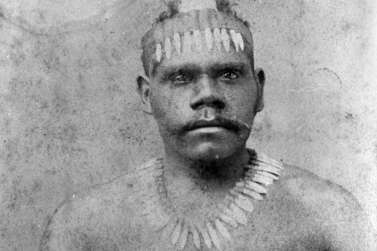 Wondunna wearing headdress decorated with kangaroo teeth Fraser Island ca 1900