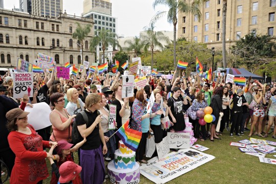 Supporters arrive back at Queens Park after march for Marriage Equality Rally in Brisbane 2011