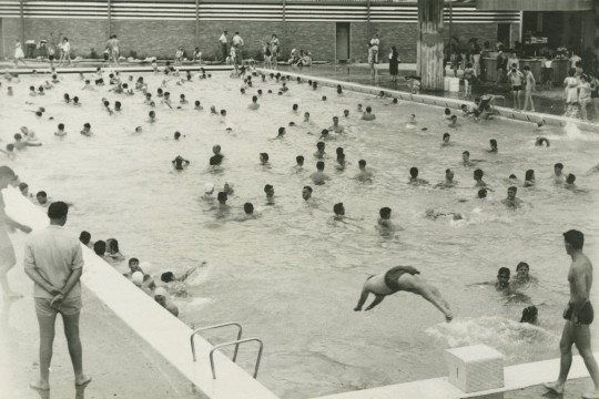 Young man diving into busy swimming pool