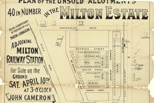 Original real estate plan of the unsold allotments in the Milton Estate from 1886