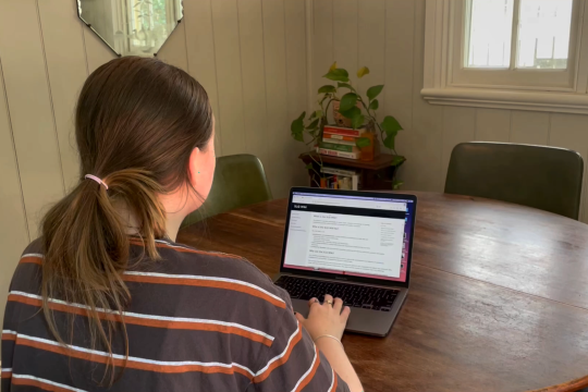 A photo of a teenager using a laptop to view SLQ Wiki 