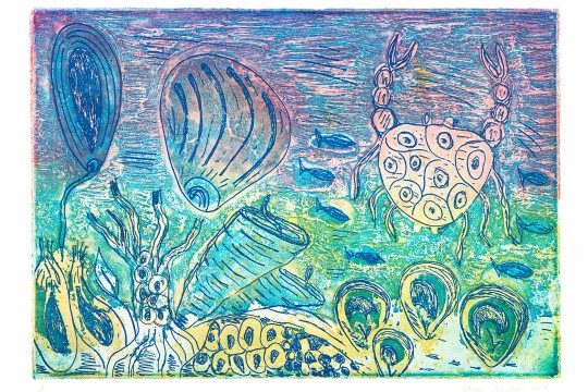 Edna Ambrym Mayi Bugaam - Sea 2017 - Two plate colour etching Courtesy of Yarrabah Arts and Cultural Precinct