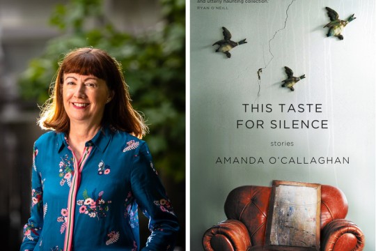 Composite cover image showing a smiling Amanda OCallaghan in a blue floral shirt plus the cover of her book This Taste for Silence