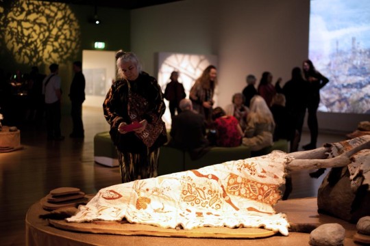 Woman exploring the Art of the Skins exhibition